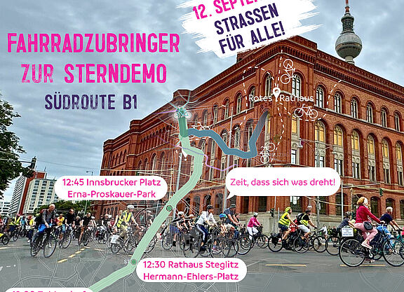 Sharepic des ADFC Steglitz-Zehlendorf zur Südroute B1 als Fahrradroute zur Sterndemo am 12.09.2026