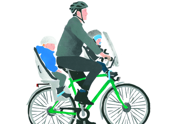 Illu_Familienvater Familienvater auf rad mit Kindersitz: Sind die Wege für die Kleinsten gut, sind sie für alle gut.